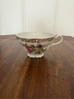 Porcelain Teacup with Pink Rose Motif and Gold Trim